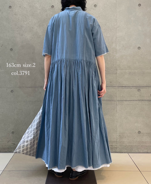 INMDS26064 HANDWOVEN COTTON STRIPE REGULAR COLLAR SHIRTS DRESS WITH RAJASTHAN GATHER