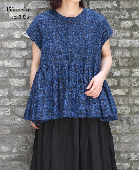 INMDS26096 POWER LOOM COTTON DOBIE CHECK FLOWER HAND SCREEN PRINT CREW-NECK FRENCH/SL SHIRTS