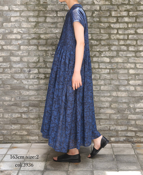 INMDS26097 POWER LOOM COTTON DOBIE CHECK FLOWER HAND SCREEN PRINT V-NECK FR/SL PULLOVER DRESS