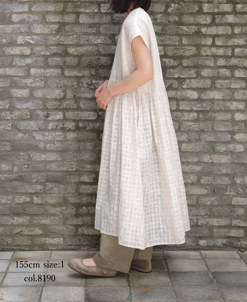 INMDS26097 POWER LOOM COTTON DOBIE CHECK FLOWER HAND SCREEN PRINT V-NECK FR/SL PULLOVER DRESS