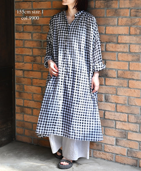 NSL26103 FANCY GINGHAM CHECK BANDED COLLAR GATHER SHIRT DRESS