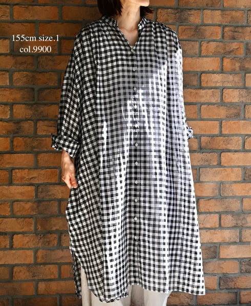 NSL26103 FANCY GINGHAM CHECK BANDED COLLAR GATHER SHIRT DRESS