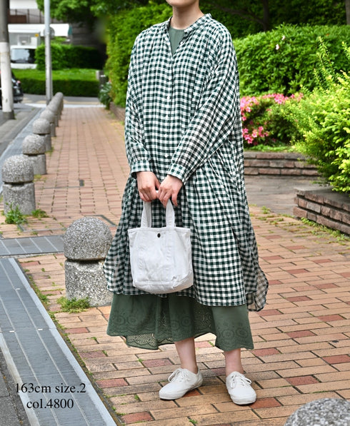 NSL26103 FANCY GINGHAM CHECK BANDED COLLAR GATHER SHIRT DRESS