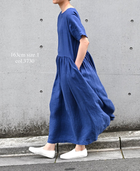 NAM1632LP LINEN PLAIN OVERDYE BOAT NECK S/SL ONE-PIECE