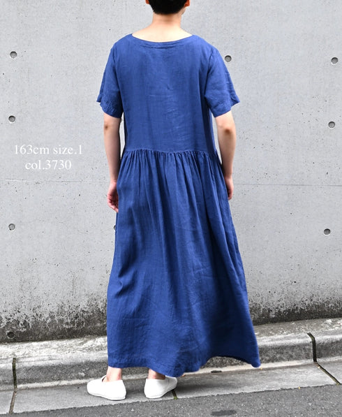 NAM1632LP LINEN PLAIN OVERDYE BOAT NECK S/SL ONE-PIECE