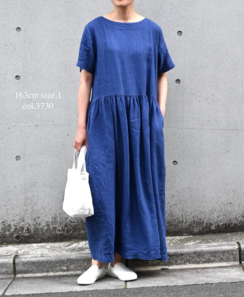 NAM1632LP LINEN PLAIN OVERDYE BOAT NECK S/SL ONE-PIECE