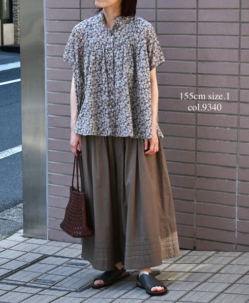 NSL26071 80s VOILE TWO TONE FLOWER PRINT FRILL COLLAR FRENCH/SL SHIRT