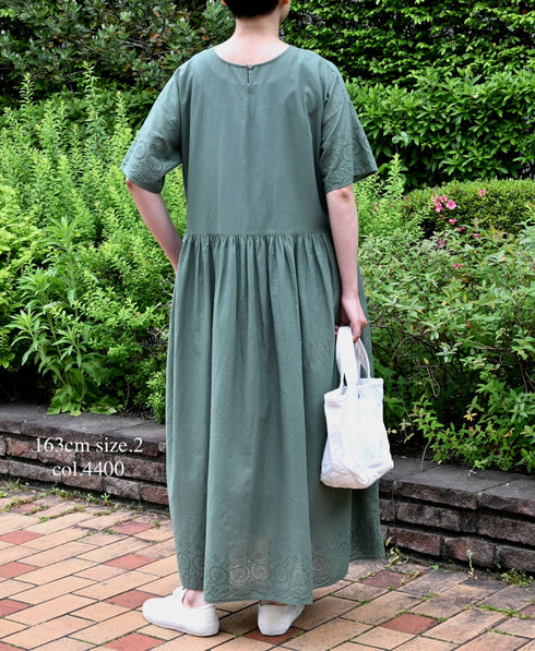 INSL26343 80s VOILE PLAIN WITH CUT WORK LACE CREW NECK PULLOVER DRESS