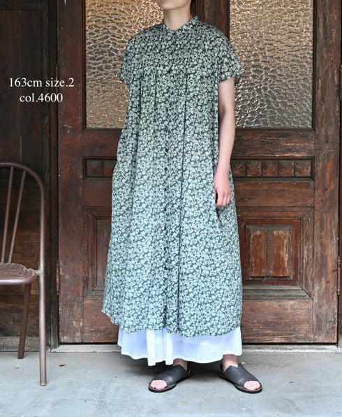NSL26073 80s VOILE TWO TONE FLOWER PRINT BANDED COLLAR FRENCH/SL PINTUCK DRESS