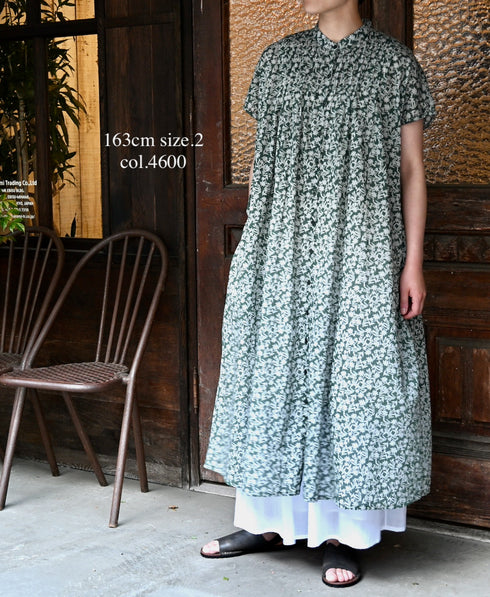 NSL26073 80s VOILE TWO TONE FLOWER PRINT BANDED COLLAR FRENCH/SL PINTUCK DRESS