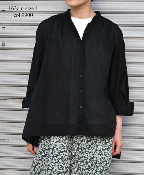 NSL26021 80s COTTON VOILE PLAIN BANDED COLLAR GATHERED SHIRT