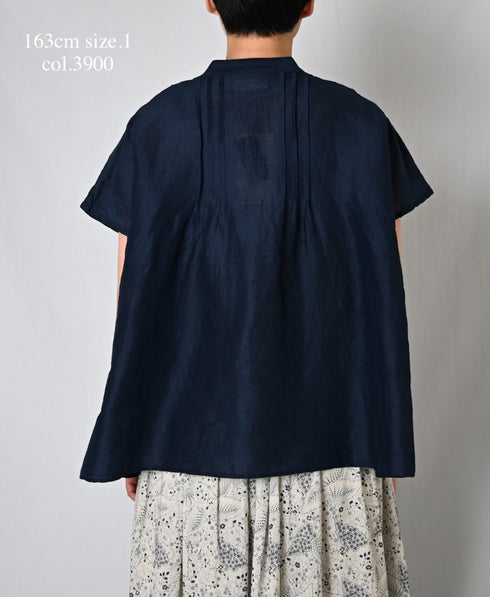 INSL26321 60s AUTO LOOM COTTON/LINEN PLAIN BANDED COLLAR FRENCH/SL PINTUCK SHIRTS