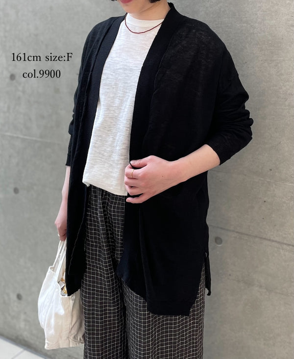 CNMDS2501 12GG LINEN PLAIN V-NECK CARDIGAN WITH SLIT