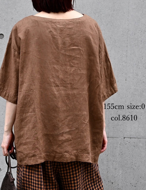 NAM1631LP LINEN PLAIN OVERDYE BOAT NECK S/SL SHIRT