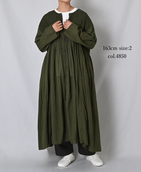 NMDS26604D ORGANIC MICRO CHECK&VOILE PLAIN PATCHWORK OVERDYE CREW-NECK BUTTON SHIRT MAXI DRESS WITH PINTUCK