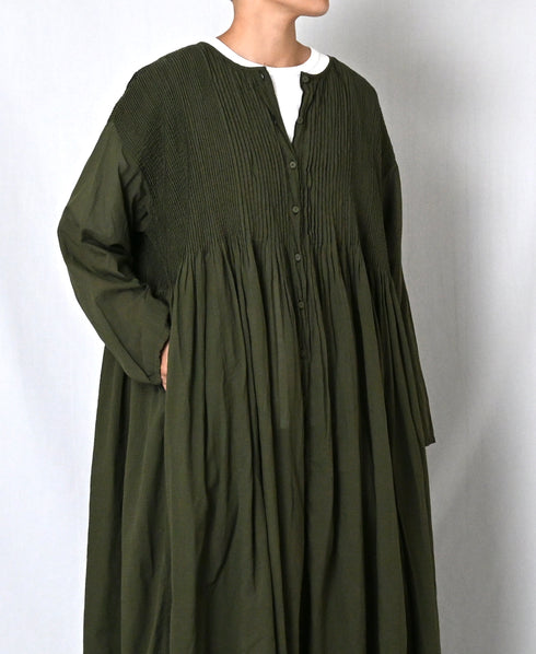 NMDS26604D ORGANIC MICRO CHECK&VOILE PLAIN PATCHWORK OVERDYE CREW-NECK BUTTON SHIRT MAXI DRESS WITH PINTUCK