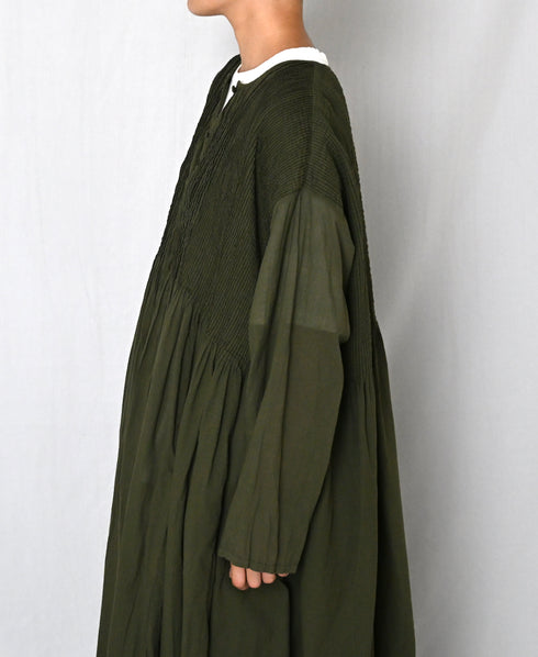 NMDS26604D ORGANIC MICRO CHECK&VOILE PLAIN PATCHWORK OVERDYE CREW-NECK BUTTON SHIRT MAXI DRESS WITH PINTUCK
