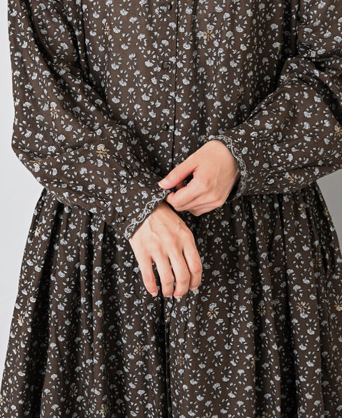 NMDS26544 80s ORGANIC VOILE GENTIANA BLOCK PRINT BANDED COLLAR DRESS WITH RAJASTHAN GATHER