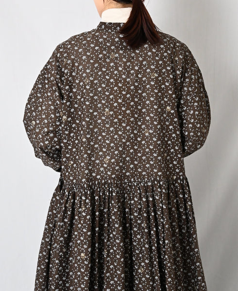 NMDS26544 80s ORGANIC VOILE GENTIANA BLOCK PRINT BANDED COLLAR DRESS WITH RAJASTHAN GATHER