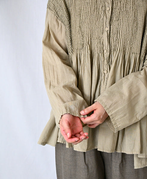 NMDS26603D ORGANIC MICRO CHECK&VOILE PLAIN PATCHWORK OVERDYE CREW-NECK BUTTON SHIRT WITH PINTUCK