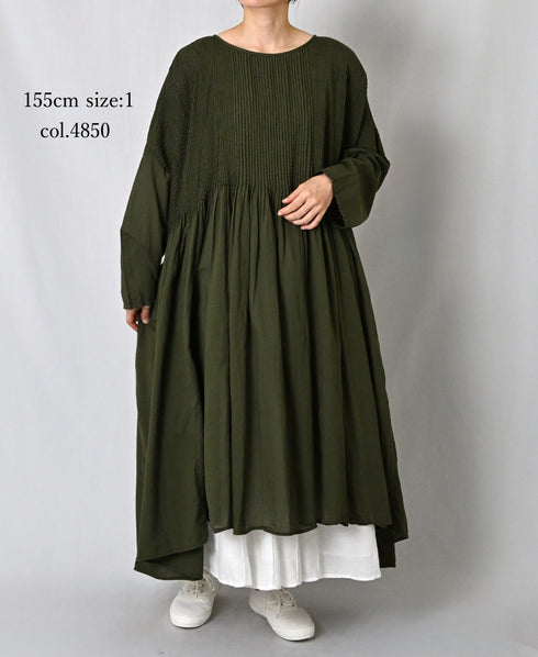 NMDS26602D ORGANIC MICRO CHECK&VOILE PLAIN PATCHWORK OVERDYE PINTUCK PULLOVER DRESS