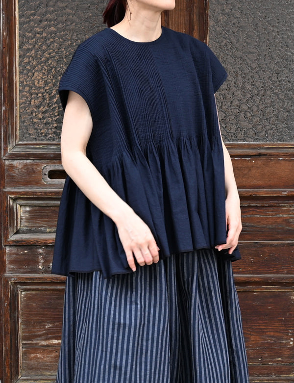 INMDS26053 HANDWOVEN COTTON HAKEME CREW NECK FRENCH/SL SHIRTS WITH PINTUCK