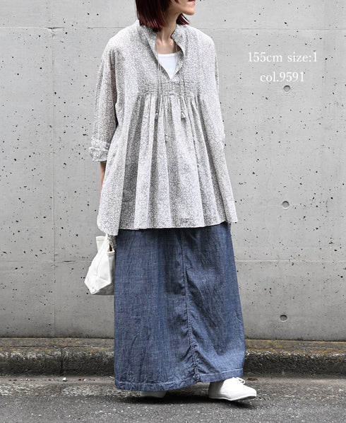 INMDS26102 80s COTTON FLOWER BLOCK PRINT BANDED COLLAR MINI PINTUCK TUNIC