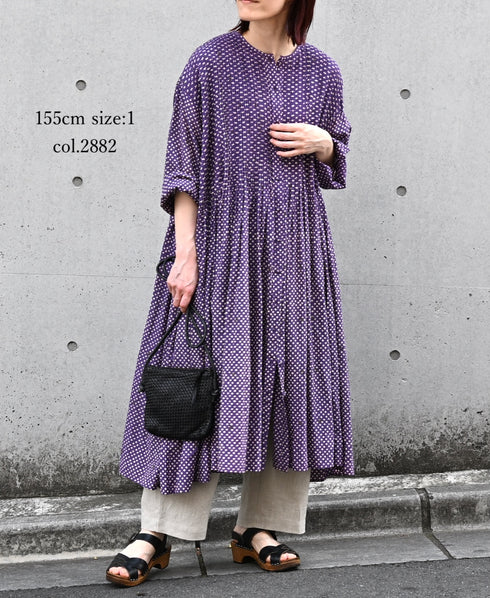 INMDS26084 80s VOILE SQUARE BLOCK PRINT CREW NECK BUTTON SHIRTS DRESS WITH MINI PINTUCK