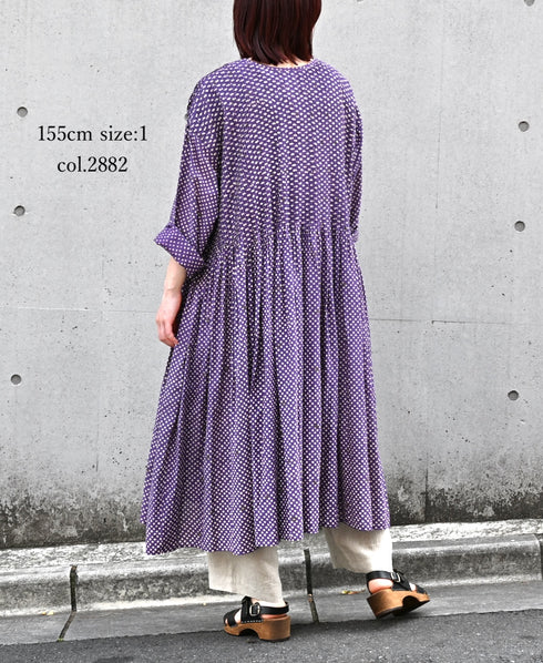 INMDS26084 80s VOILE SQUARE BLOCK PRINT CREW NECK BUTTON SHIRTS DRESS WITH MINI PINTUCK