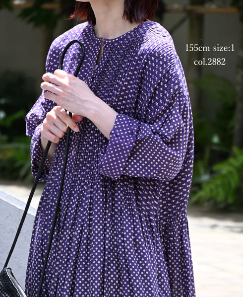 INMDS26084 80s VOILE SQUARE BLOCK PRINT CREW NECK BUTTON SHIRTS DRESS WITH MINI PINTUCK