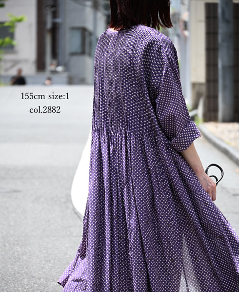 INMDS26084 80s VOILE SQUARE BLOCK PRINT CREW NECK BUTTON SHIRTS DRESS WITH MINI PINTUCK