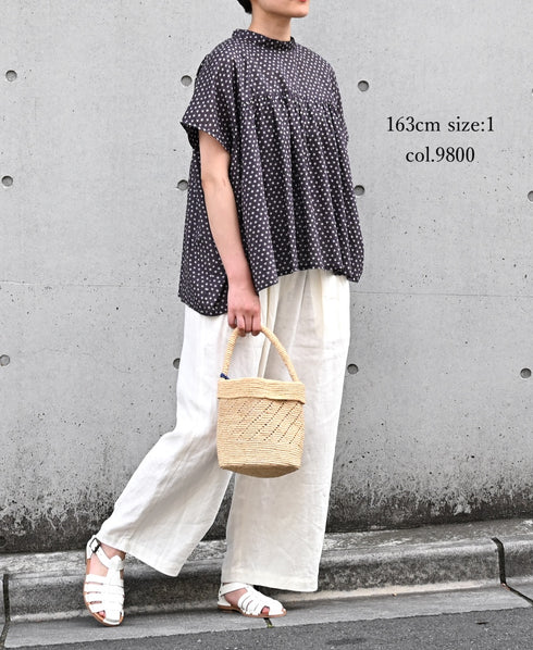 NSL26032 COTTON SLUB SMALL FLOWER PRINT BACK OPENING STAND COLLAR SHIRT