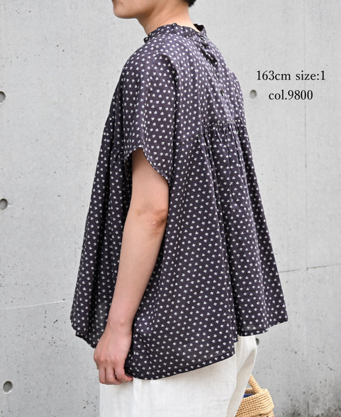 NSL26032 COTTON SLUB SMALL FLOWER PRINT BACK OPENING STAND COLLAR SHIRT