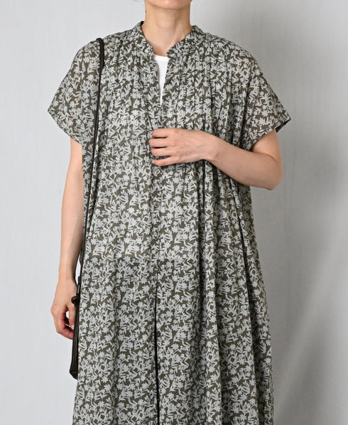 NSL26073 80s VOILE TWO TONE FLOWER PRINT BANDED COLLAR FRENCH/SL PINTUCK DRESS