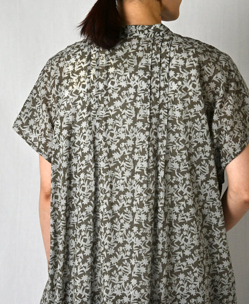 NSL26073 80s VOILE TWO TONE FLOWER PRINT BANDED COLLAR FRENCH/SL PINTUCK DRESS