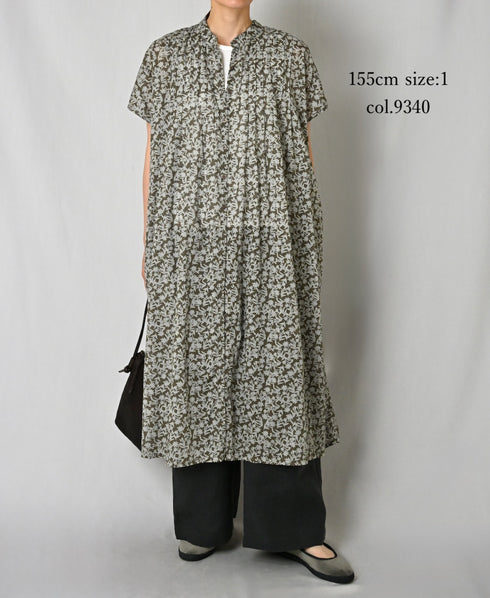 NSL26073 80s VOILE TWO TONE FLOWER PRINT BANDED COLLAR FRENCH/SL PINTUCK DRESS