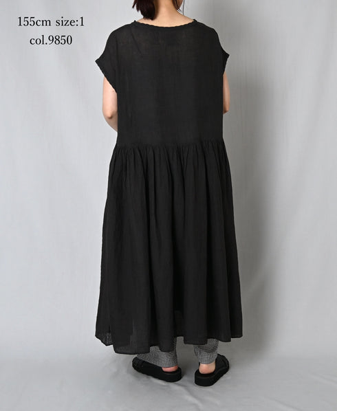 NMDS26272 80s POWER LOOM LINEN PLAIN BOAT-NECK LACE PULLOVER DRESS