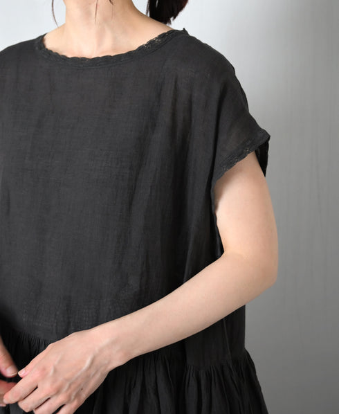 NMDS26272 80s POWER LOOM LINEN PLAIN BOAT-NECK LACE PULLOVER DRESS