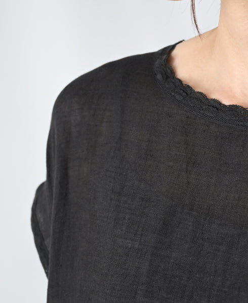 NMDS26272 80s POWER LOOM LINEN PLAIN BOAT-NECK LACE PULLOVER DRESS