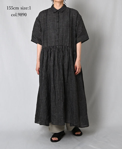 NMDS26284 80s POWER LOOM LINEN CHECK REGULAR COLLAR DRESS WITH RAJASTAN GATHER