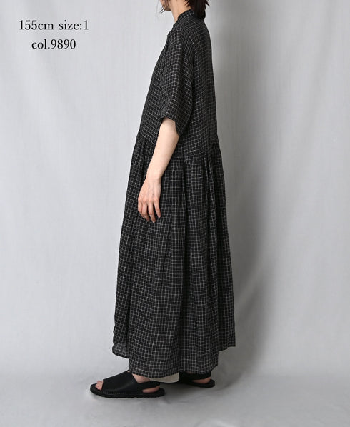 NMDS26284 80s POWER LOOM LINEN CHECK REGULAR COLLAR DRESS WITH RAJASTAN GATHER