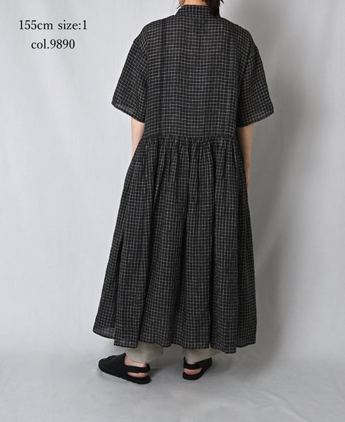 NMDS26284 80s POWER LOOM LINEN CHECK REGULAR COLLAR DRESS WITH RAJASTAN GATHER