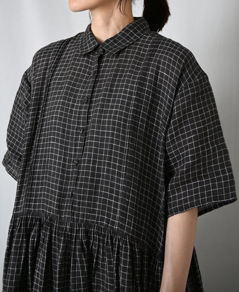 NMDS26284 80s POWER LOOM LINEN CHECK REGULAR COLLAR DRESS WITH RAJASTAN GATHER