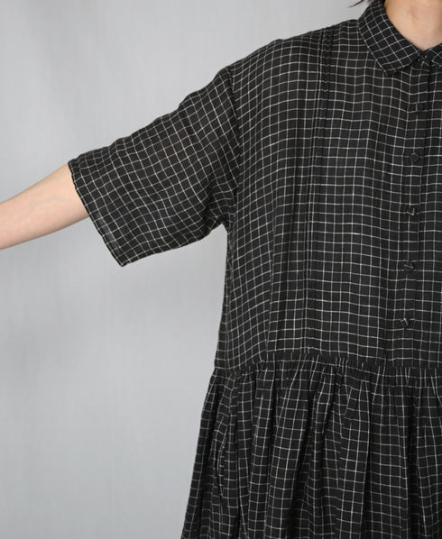 NMDS26284 80s POWER LOOM LINEN CHECK REGULAR COLLAR DRESS WITH RAJASTAN GATHER
