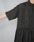 NMDS26284 80s POWER LOOM LINEN CHECK REGULAR COLLAR DRESS WITH RAJASTAN GATHER