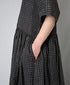 NMDS26284 80s POWER LOOM LINEN CHECK REGULAR COLLAR DRESS WITH RAJASTAN GATHER