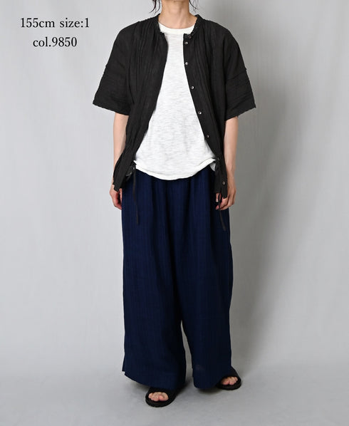 NMDS26271 80s POWER LOOM LINEN PLAIN LACE PINTUCK HALF/SLEEVE 2WAY SHIRT