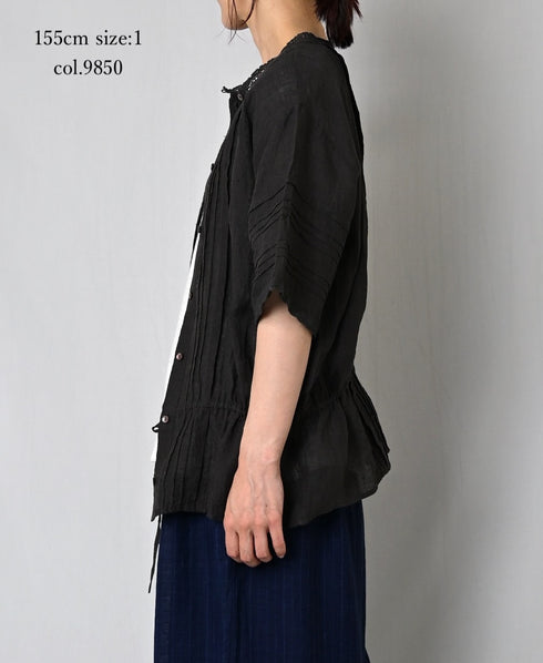NMDS26271 80s POWER LOOM LINEN PLAIN LACE PINTUCK HALF/SLEEVE 2WAY SHIRT