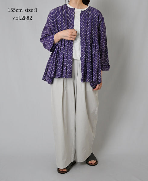 INMDS26083 80s VOILE SQUARE BLOCK PRINT CREW NECK BUTTON SHIRTS WITH MINI PINTUCK