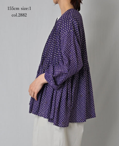 INMDS26083 80s VOILE SQUARE BLOCK PRINT CREW NECK BUTTON SHIRTS WITH MINI PINTUCK